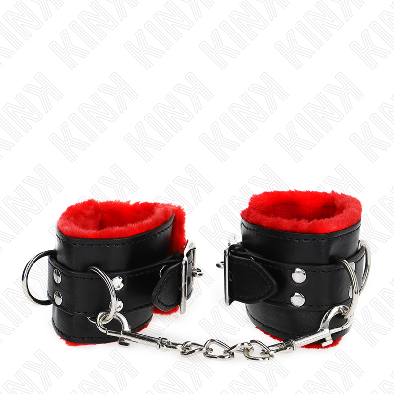 MENOTTES DOUBLÉS DE FOURRURE ROUGE ET NOIR