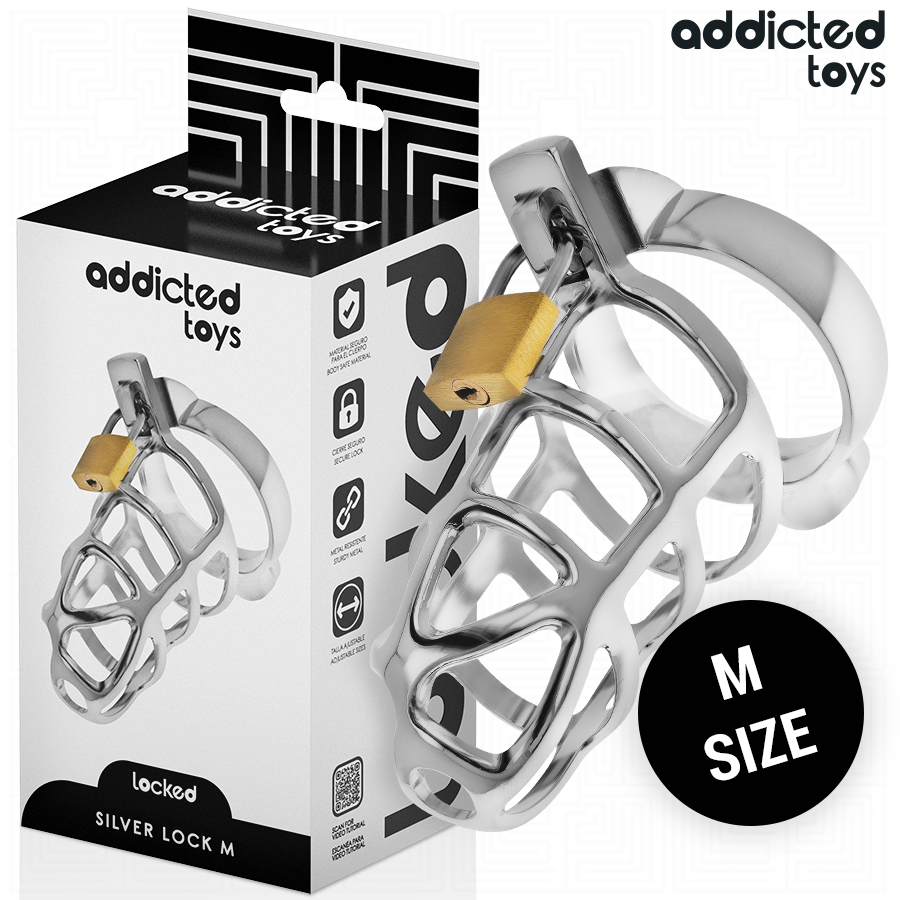 CAGE À PÉNIS EN MÉTAL AVEC VERROU ARGENT TAILLE M