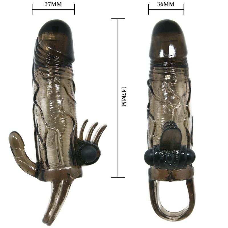 MANCHON D'EXTENSION DE PÉNIS AVEC STIMULATION CLITO ET ANAL 16.5 CM