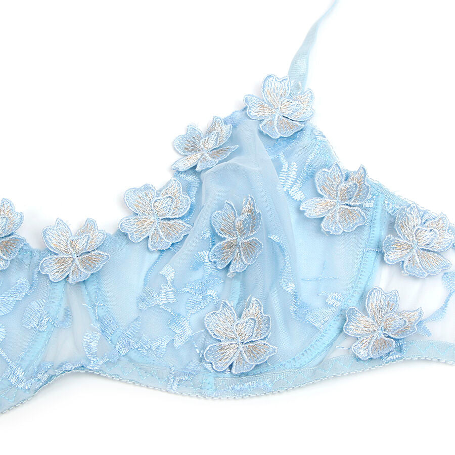 SUBBLIME - ENSEMBLE SOUTIEN-GORGE ET CULOTTE BRODÉS DE FLEURS BLEU CIEL