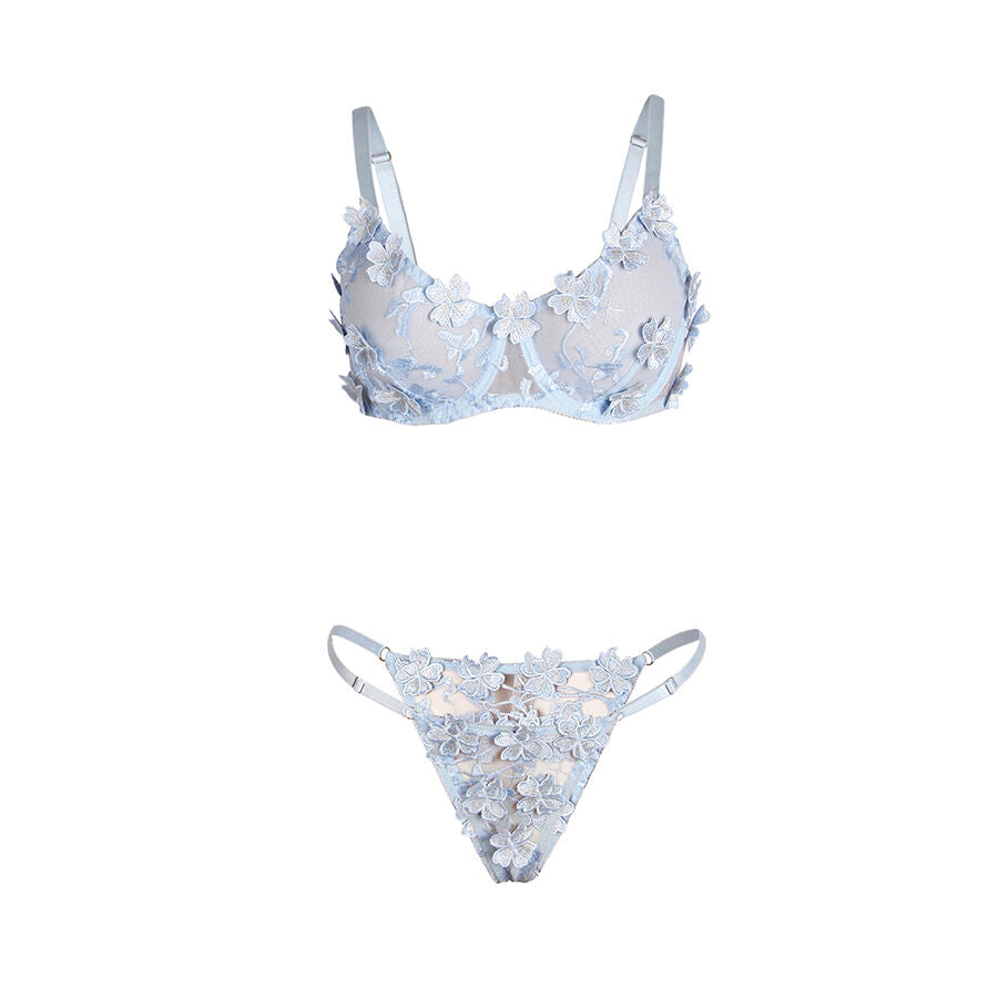 SUBBLIME - ENSEMBLE SOUTIEN-GORGE ET CULOTTE BRODÉS DE FLEURS BLEU CIEL