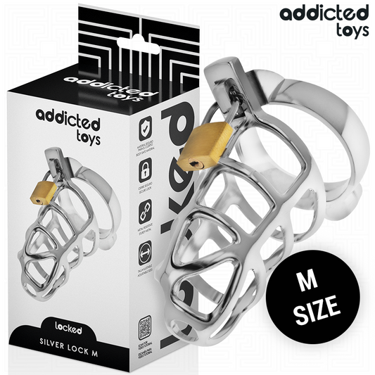 CAGE À PÉNIS EN MÉTAL AVEC VERROU ARGENT TAILLE M